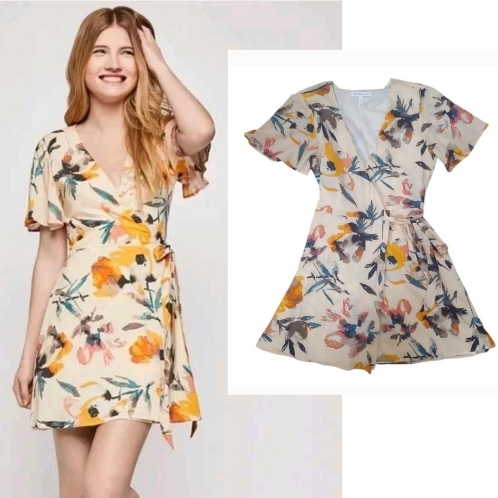 Watercolor Floral Wrap Dress Flutter Sleeve Romantic BCBGeneration Size Small